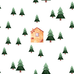 Obraz premium Hand drawn watercolor little lonely toy house in woods or pine forest, around christmas trees, decoration for wrapper, cards, winter snow party web design. New year aquarelle element, isolated 