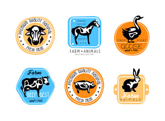 Organic meat labels set. Premium quality natural fresh meat stickers and badges vector illustration