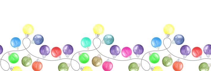 Hand drawn banner with garland of lot multicolored christmas tree balls for decoration x-mas and new year cards; invitations; web design. Aquarelle on white background.