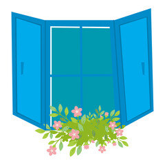 Blue open window with flowers illustration