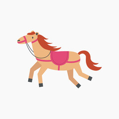Horse in running pose. Cute pony in harness, saddle. Puffy character in motion for kids. Child ponytailed farm animal . Horseback riding, hippodrome racing, equestrian sport.