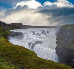 Picturesque full of water big waterfall Gullfoss autumn view, southwest Iceland.