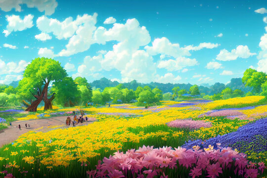 Wonderful fantasy landscape field full of spring with flowers field, beautiful sky, anime style color, digital art painting background. 3D rendering