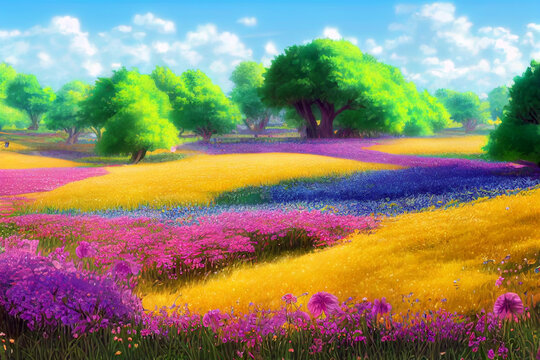 Beautiful landscape field full of spring with flowers field, beautiful sky, anime style color, digital art painting background. 3D rendering
