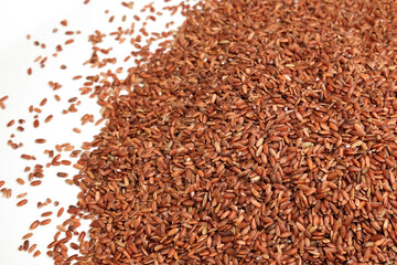 Uncooked Red Rice Wallpaper. Long Brown Rice Surface. Close Up. Grains fall poured a stack. World crisis, export, import. Harvest problems, sanctions. Increase prices and shortages of food supplies