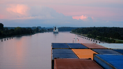 Rendsburg, Germany - 09 29 2022: View from the wheelhouse of container vessel during transit in Kiel Canal © I am from Mykolayiv