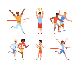 Collection of men and women performing various sports activities. Happy people training, exercising and taking part in sports competition vector illustration