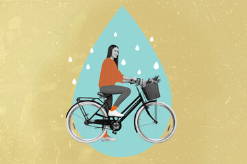 Collage artwork graphics picture of funny smiling lady driving bike under rain isolated painting...