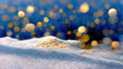 Blauer Hintergrund mit abstrakten goldenen und silbernen Glitzerlichtern. Schnee im Vordergrund