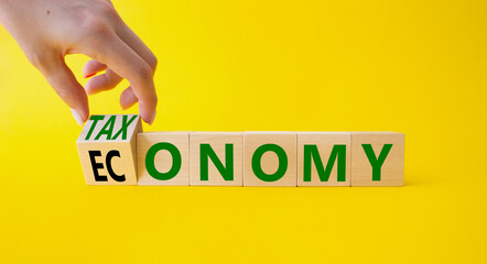 Taxonomy and economy symbol. Businessman hand Turnes cubes and changes word Economy to Taxonomy. Beautiful yellow background. Business and Taxonomy and economy concept. Copy space