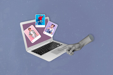 Composite collage illustration of human arm black white gamma indicate finger wireless netbook...