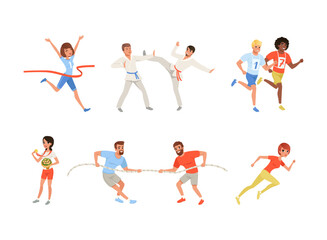 Collection of men and women doing sports. Happy people training, exercising and taking part in sports competition vector illustration