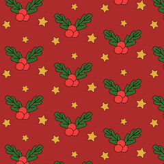 Christmas berries and stars seamless vector pattern, winter, New Year, holiday, for background, print, wrapping paper, clothing, textile, gifts, red, green, yellow