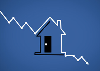 Minimal house design line housing market cool down,  Lower mortgage interest rates. Falling prices for rental housing and apartments. Reducing demand for home buying, low cost real estate concept.