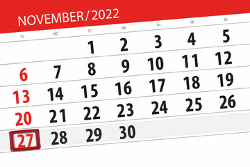 Calendar 2022, deadline, day, month, page, organizer, date, november, sunday, number 27