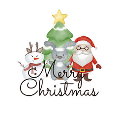 Santa Claus with snowman and rabbit , Watercolor illustration, in cartoon style on an isolated background, for celebrating Christmas 
