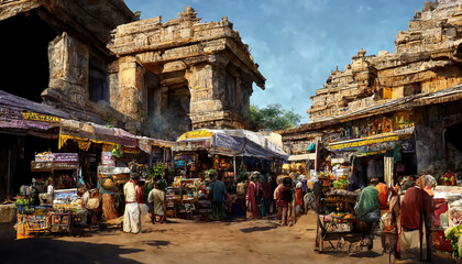 AI generated image of the scene at an ancient Indian market at Hampi with many small shops and customers in attendance