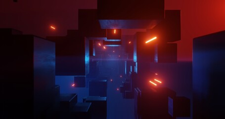 Abstract background using fantasy environment theme with metallic black textured cube object and red neon light in the center, 3d rendering and 4K size