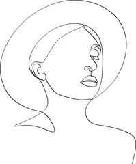 Abstract linear woman in hat. Minimal portrait. Head fashionable accessory. One line continuous. Beauty and glamour concept. Cap headgears for lady. Hand drawn vector illustration.