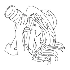 Girl with a camera vector line drawing. Fine One Line Vector Art Drawing, Modern GalleryWall, Abstract Wall Art Print Set, Woman Silhouette Botanical theme for print.Modern continuous line art.