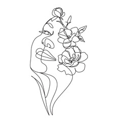 VECTOR graphic with beautiful young girl model for design.One line illustration. Fashion, style, youth, beauty .Graphic, sketch drawing. Sexy woman.Woman with flowers.