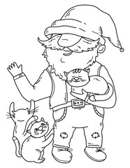 Coloring Page Outline of cartoon cute kittens and gnome. Coloring Book for kids.