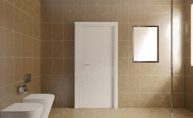 Naklejka na ściany i meble Scandinavian bathroom, classic vintage interior design. 3D rendering.. Mockup. Empty paintings