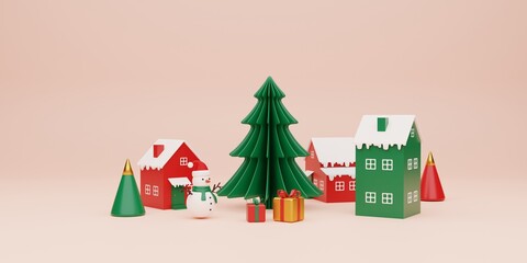 3d rendering illustration, toy city with snowman, Christmas background
