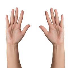Closeup Beautiful female hand count from one to five gesture Isolated on blank white background. Set of woman palms raised fingers gesture numbers concept for people thumb nail solution.
