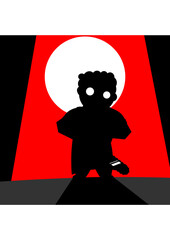 Silhouette Illustration of a Short and Stocky Person Holding a Chainsaw. Cartoon Man Standing in a Dark Alley Behind the White Moon and a Red Sky. Chibi Serial Killer Consept Vector.