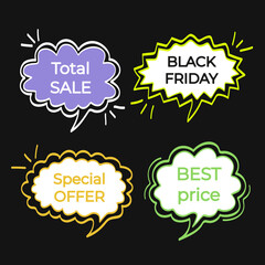 Black Friday sale. Set of discount price tags. Template for shopping tags. Speech bubbles.