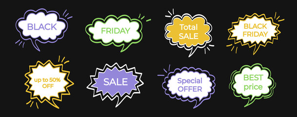 Black Friday sale. Set of discount price tags. Template for shopping tags. Speech bubbles.