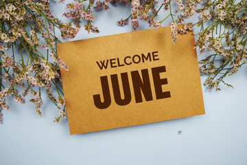 Welcome June written on paper card with flower frame decoraton on pink background