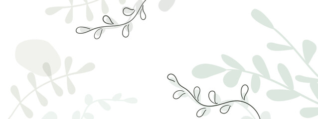 Vector floral botanical card design with leaves. Banner on white background with tropical leaves, eucalyptus branches with place for text.