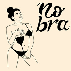 girl with bundle on her head stands in swimsuit and takes it off, stops wearing bra. handwritten inscription is No bara, in black.  October 13 - international braless. Prevention of breast cancer.