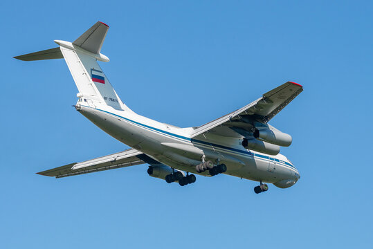 SAINT PETERSBURG, RUSSIA - MAY 29, 2021: Heavy transport aircraft Il-76MD (RF-76615) comes in for landing
