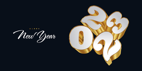 Obraz na płótnie Canvas Happy New Year 2023 with White and Gold 3D Numbers. New Year Design for Banner, Poster and Greeting Card