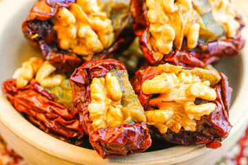 Studio shooting walnut kernels and red dates