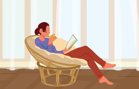 Sweet girl with book resting in armchair at leisure time. Reading hobby. Flat Vector Illustration