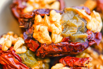 Studio shooting walnut kernels and red dates