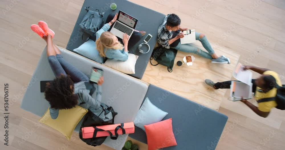 Poster Business, collaboration and teamwork by team working in creative startup from above, trendy office space. Overhead of design partner data analysis and paper planning with report and document on floor