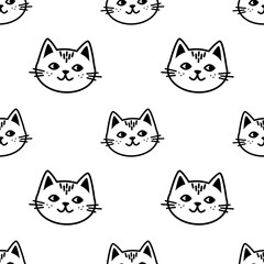 Trendy cartoon seamless pattern with cute doodle cat faces on transparent background. Funny vector illustration for kids textile, paper, gift, web and graphic design. Childish style.