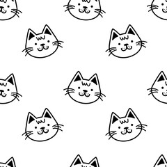 Trendy cartoon seamless pattern with cute doodle cat faces on transparent background. Funny vector illustration for kids textile, paper, gift, web and graphic design. Childish style.