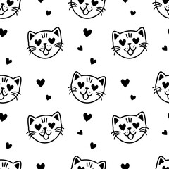 Trendy cartoon seamless pattern with cute doodle cat faces on transparent background. Funny vector illustration for kids textile, paper, gift, web and graphic design. Childish style.