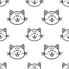 Trendy cartoon seamless pattern with cute doodle cat faces on transparent background. Funny vector illustration for kids textile, paper, gift, web and graphic design. Childish style.