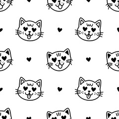 Trendy cartoon seamless pattern with cute doodle cat faces on transparent background. Funny vector illustration for kids textile, paper, gift, web and graphic design. Childish style.