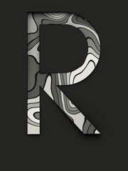 Letter R with abstract texture in grayscale, cut from black background and rotated diagonally, 3d rendering