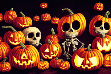 Halloween Hintergrund mit leuchtenden K&uuml;rbissen und Skeletten