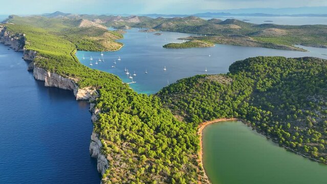 paradise island in Croatia, aerial view of Dugi Otok island in the Adriatic Sea, vacations on the Mediterranean seacoast, idyllic Croatia nature