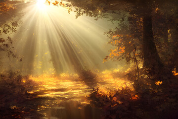 Fototapeta na wymiar Sunlight in an autumn forest. 